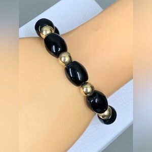 Vintage 14K GF Gold filled Black Onyx Beaded Bracelet   sz 7.3/4”